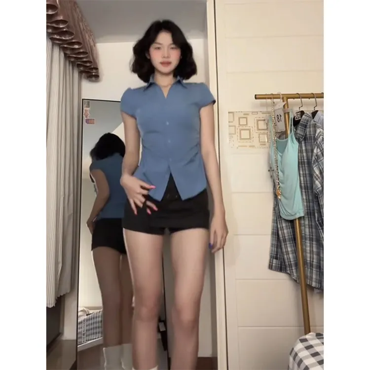 法式短款蓝色正肩短袖衬衫女夏季纯欲辣妹小个子显瘦短裙两件套装
