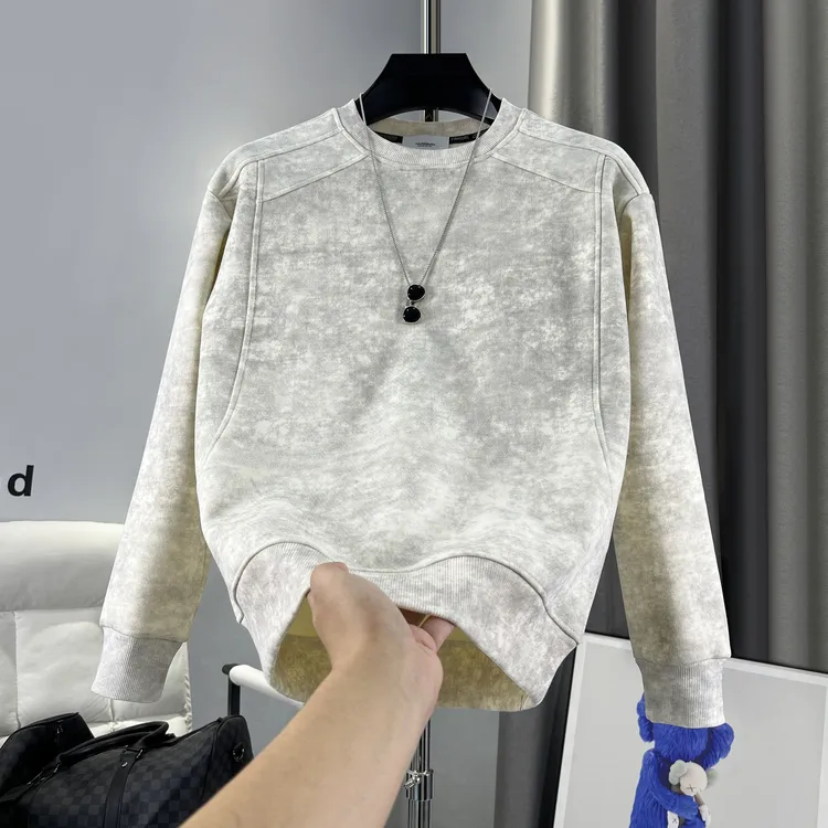 男士2025秋冬季纯色上衣男休闲百搭极简风扎染拼接长袖卫衣【9665】