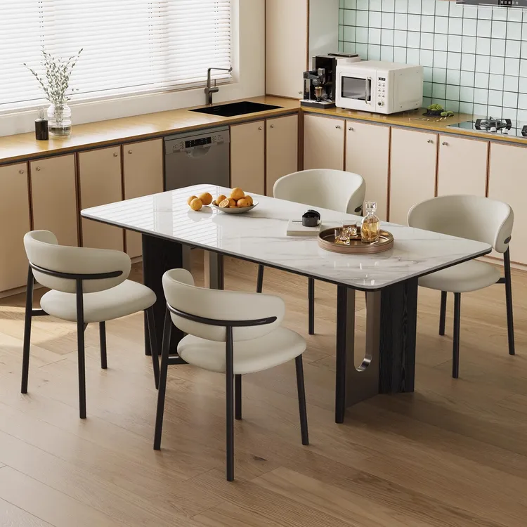 中古风岩板餐桌家用现代实木轻奢高级感意式极简长方形小户型饭桌