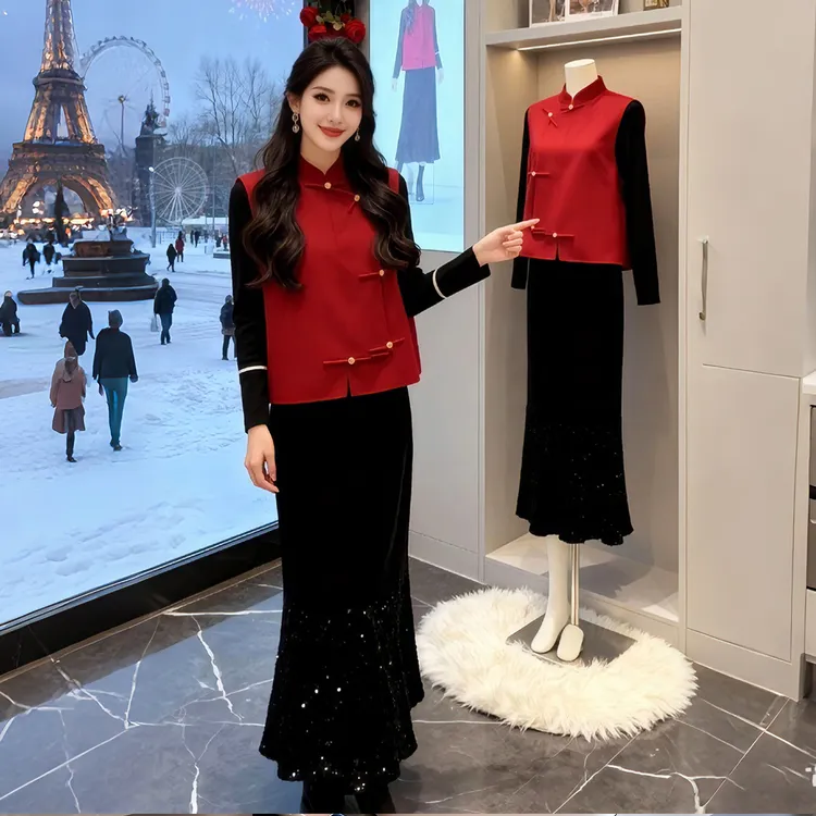 巨好看秋冬一整套新中式国风红色盘扣马甲外套打底衫半身裙三件套