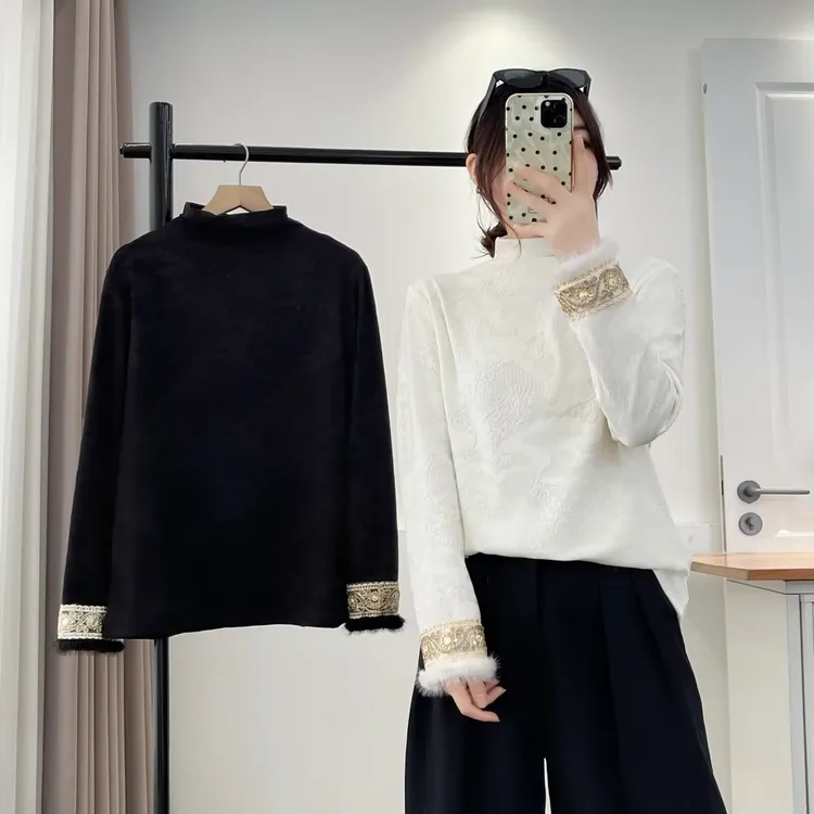 大码胖mm2025秋冬新款加绒提花打底衫国风内搭半高领上衣985