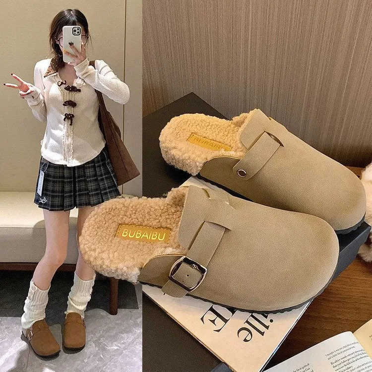 2025年秋冬季保暖棉博肯女毛绒加绒包头懒人外穿棉拖鞋加绒加厚