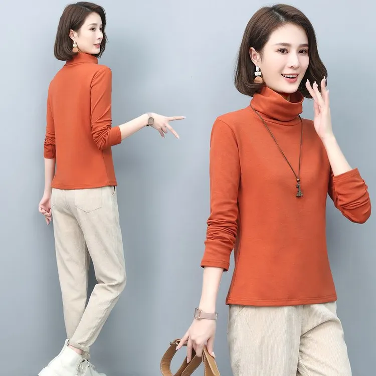 质量好磨毛打底衫女中高领上衣长袖棉恤针织衫秋冬春新款内外可穿