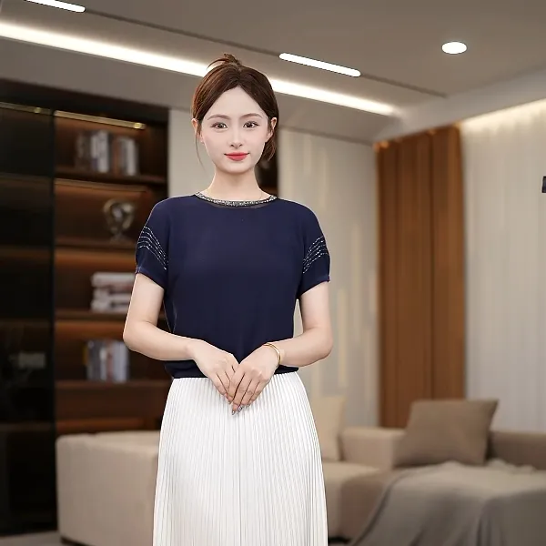 ZIKYOCHEN气质高级夏季款女士T恤烫钻工艺时尚百搭修身显瘦洋气