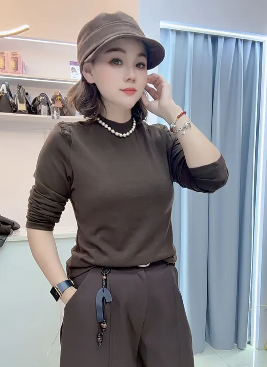 【热点】蕾丝网纱秋季拼接内搭洋气百搭圆领甜美短款长袖打底衫t恤