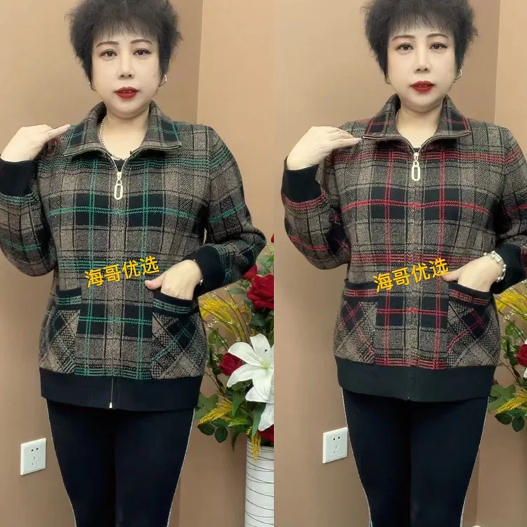 短款格子常规款女保暖翻领短外套上衣洋气外套大码