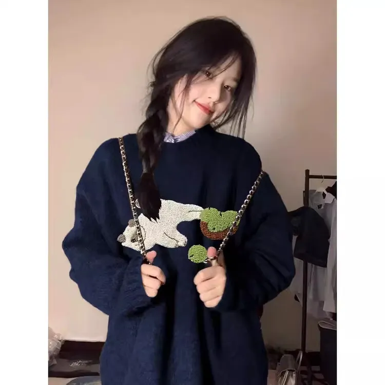 胖MM特大码300斤藏蓝色毛衣女秋冬加厚保暖内搭慵懒高级感针织衫