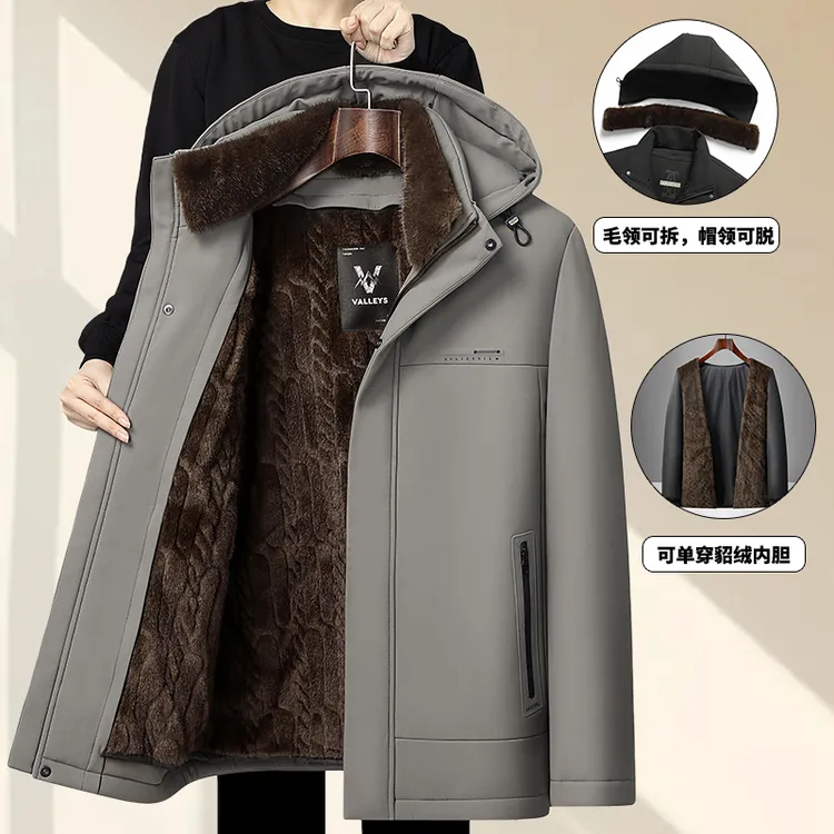 新款男士仿貂绒加厚脱卸内胆帽子毛领老人冬季棉袄款爸爸装