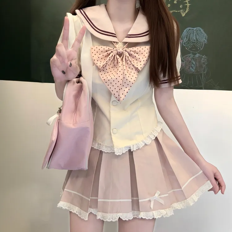 小花猪JK原创正版海盐奶酪高腰显瘦日系甜美少女感百皱裙套装JK女