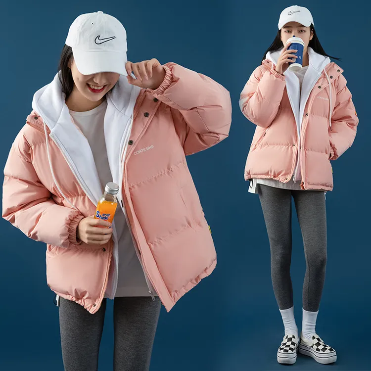 实拍新款冬季韩版连帽假两件棉衣棉服宽松加厚休闲外套女装