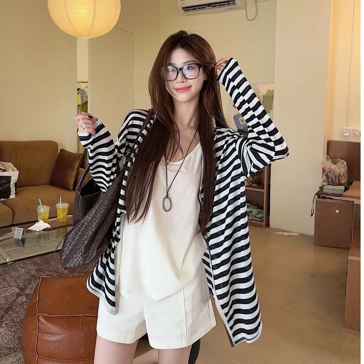 慵懒风韩系撞色条纹长袖开衫外套女夏季宽松休闲百搭显瘦防晒上衣