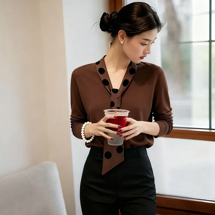 飘带V领咖色针织衫女2025秋冬减龄修身型显瘦洋气内搭打底衫上衣