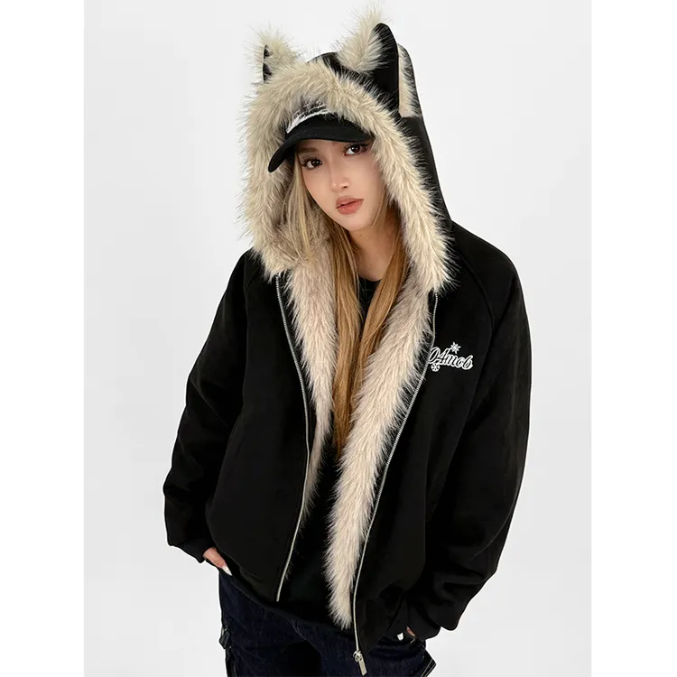 404MOB秋冬新品加厚棉服开衫连帽棉衣男女同款毛领猫耳座山雕外套