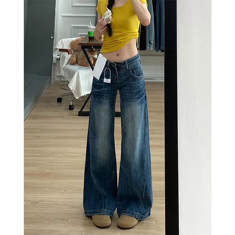 美式复古高个子微喇牛仔裤女秋季新款低腰显瘦显瘦宽松拖地阔腿裤