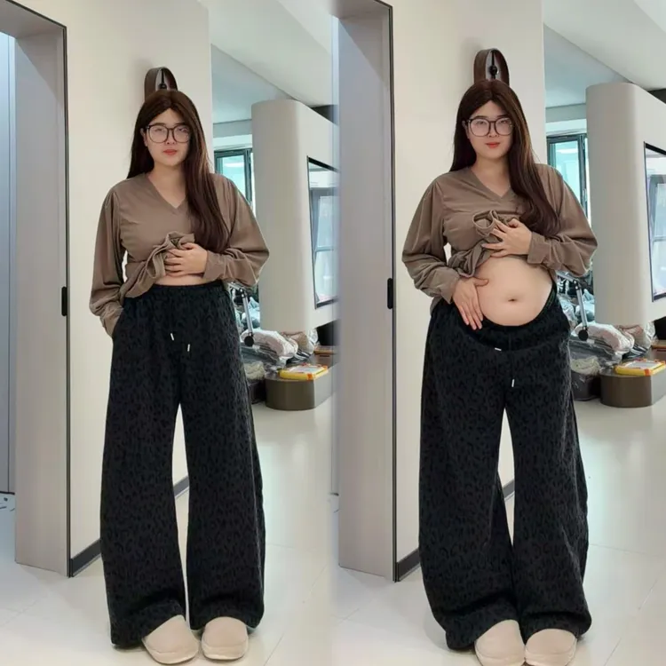 新款大码韩系休闲风豹纹高腰通勤百搭显瘦加绒阔腿裤