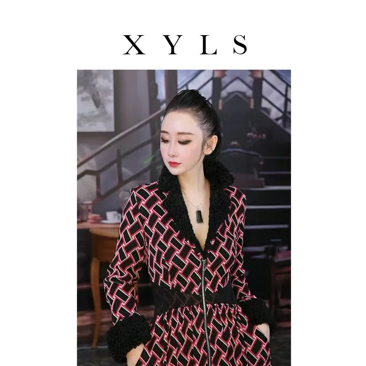 加绒弹力网纱连衣裙秋冬T006989