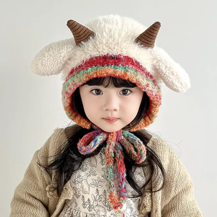 韩版可爱小羊儿童帽子秋冬季保暖加厚女童护耳帽男宝宝套头针织帽