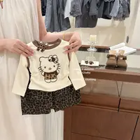 现【咸柠七】女童套装秋季2025新款儿童洋气kt猫长袖t恤豹纹牛仔裤