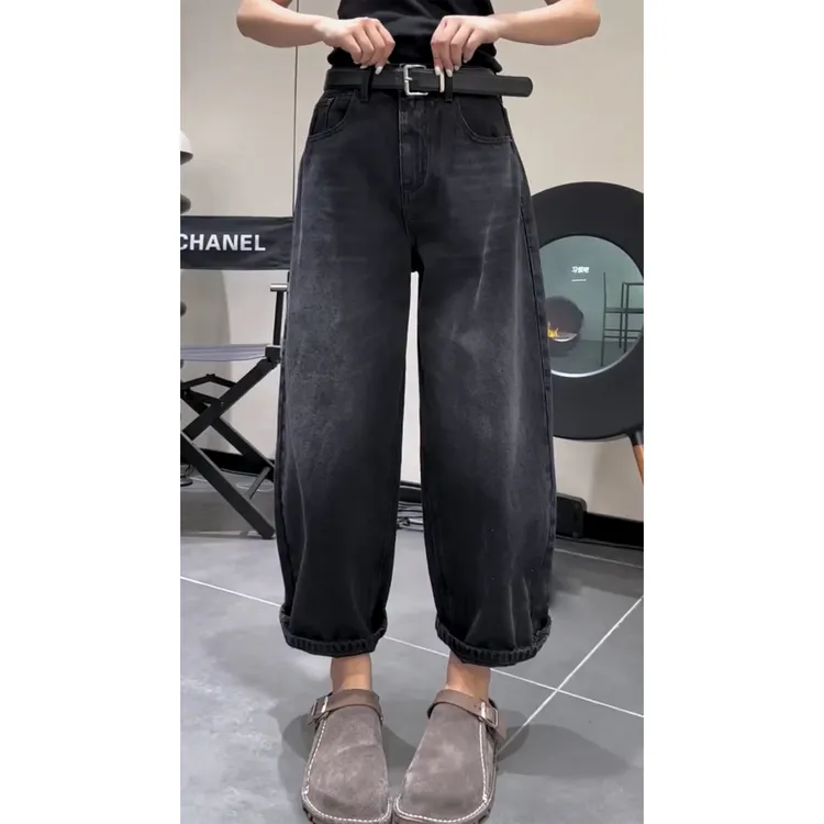 艾塔莉黑色百搭阔腿裤显瘦秋季新款女牛仔裤子时尚设计萝卜裤胖mm