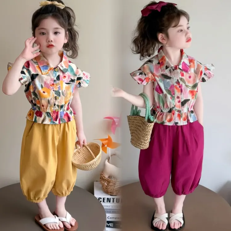 【港风穿搭】女童洋气套装2025夏季新款女孩碎花衬衫加灯笼裤两件套