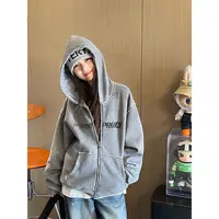 YUUKO 复古贴布渐变破洞加绒连帽拉链卫衣外套—25169