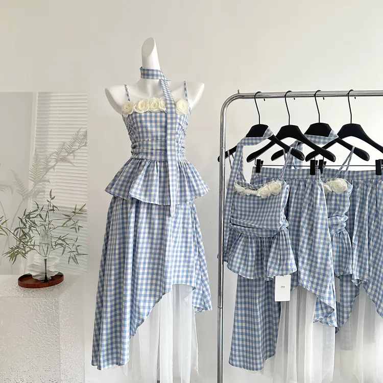 夏季新款法式荷叶边吊带+设计感网纱拼接不规则半身裙套装上衣