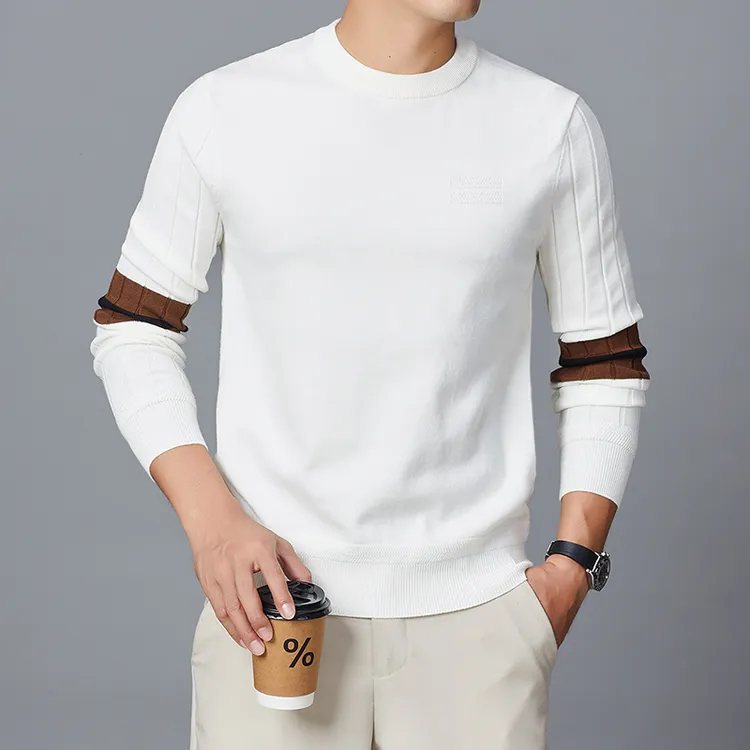 欧洲站轻奢高档秋冬季毛衣红色百搭针织圆领拼色修身羊毛衫