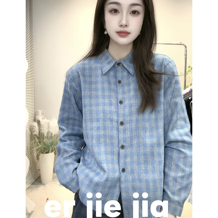 磨毛棉蓝色格子衬衫韩版加厚2025冬季时尚设计感翻领内搭长袖上衣