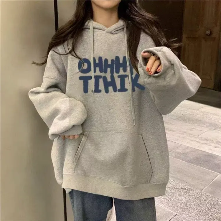 2025新款连帽卫衣女装潮流风秋冬季加绒印花宽松大码百搭上衣ins