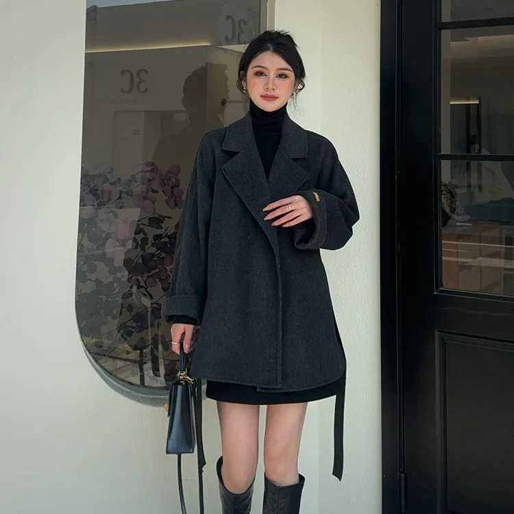 H秋冬新款双面绒大衣女韩版显瘦小个子毛呢外套显高时尚百搭气质