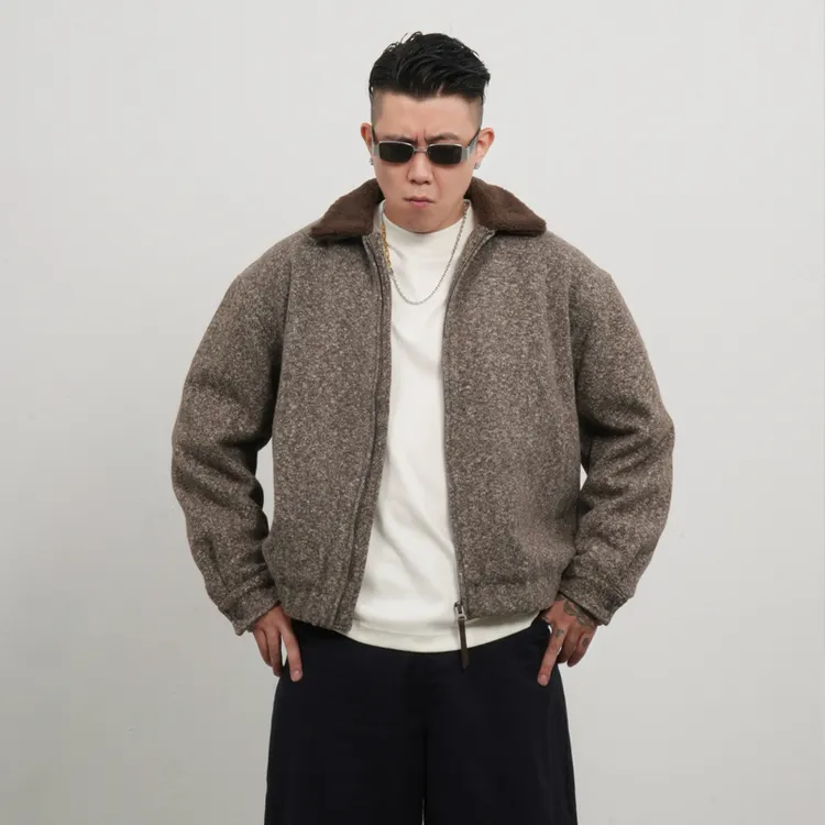 郑郑郑NEIQ店新款复古型男毛泥翻领棉服外套保暖秋冬休闲宽松