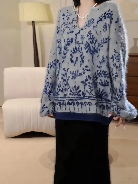 复古（青花瓷图案)秋冬VL提花撞色羊绒拉毛针织印花毛衣