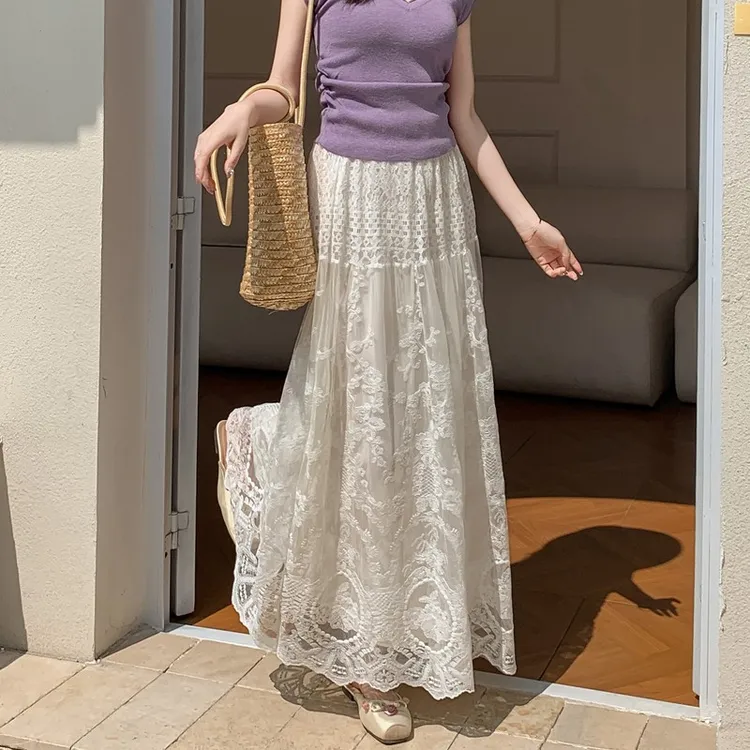 新中式半裙女士春季新款设计感字裙高腰氛围显瘦长裙蕾丝半身裙