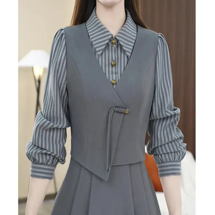 新中式假两件长袖连衣裙女2025秋季新款气质显瘦条纹拼接休闲裙子