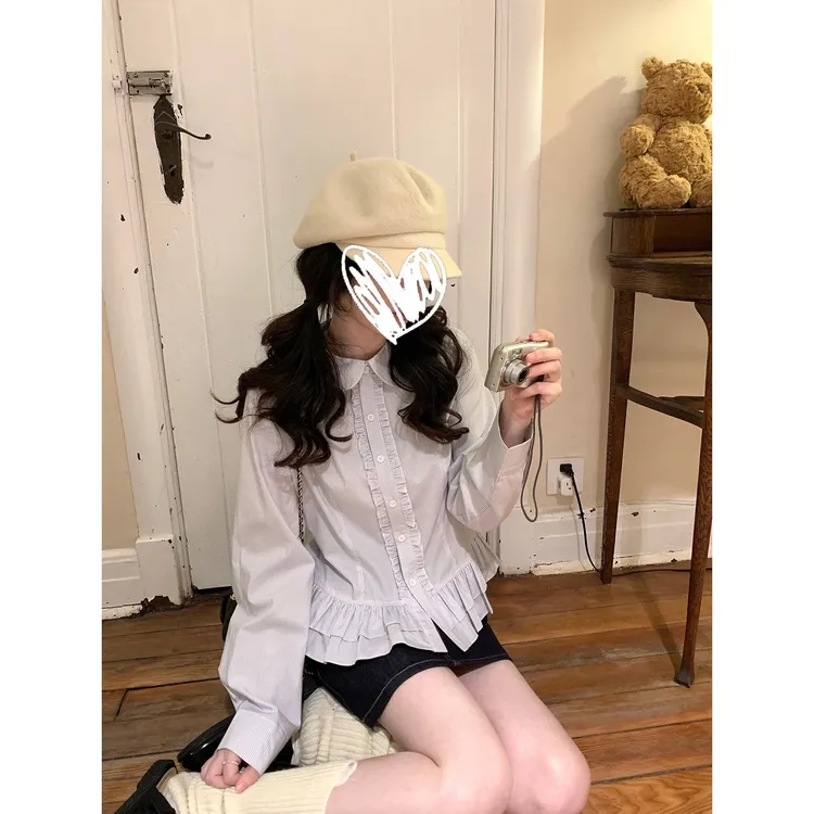 韩系设计感蓝条纹娃娃领花边衬衫女早秋新款减龄甜美百搭小衫女