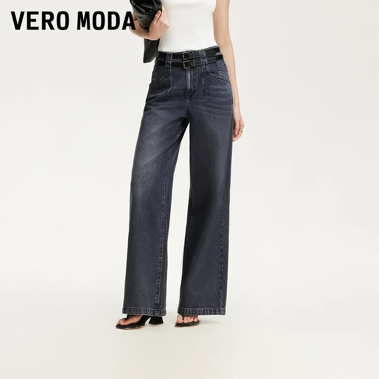 Vero Moda牛仔裤2025新纯棉高腰做旧双腰头阔腿裤子旅游出街洋气
