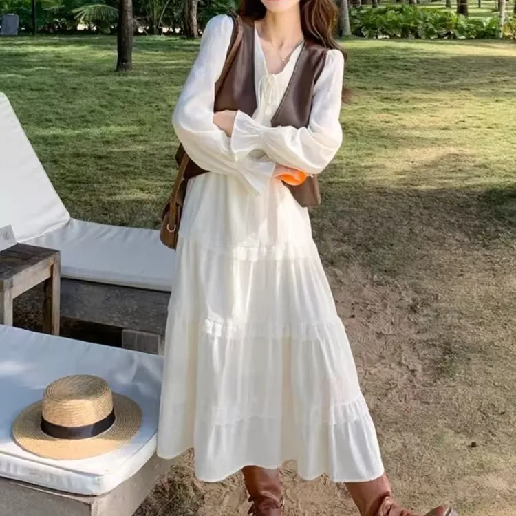 法式初恋甜美风长裙复古马甲秋季新款时尚显瘦穿搭