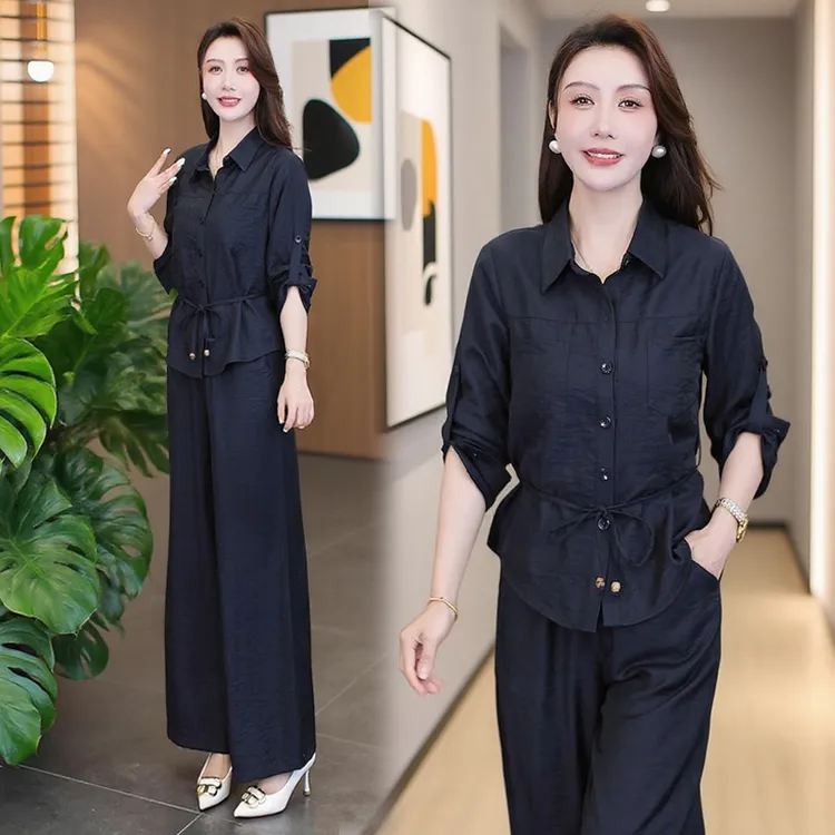 时尚休闲套装女春秋宽松百搭洋气减龄长袖显瘦衬衣阔腿裤两件套