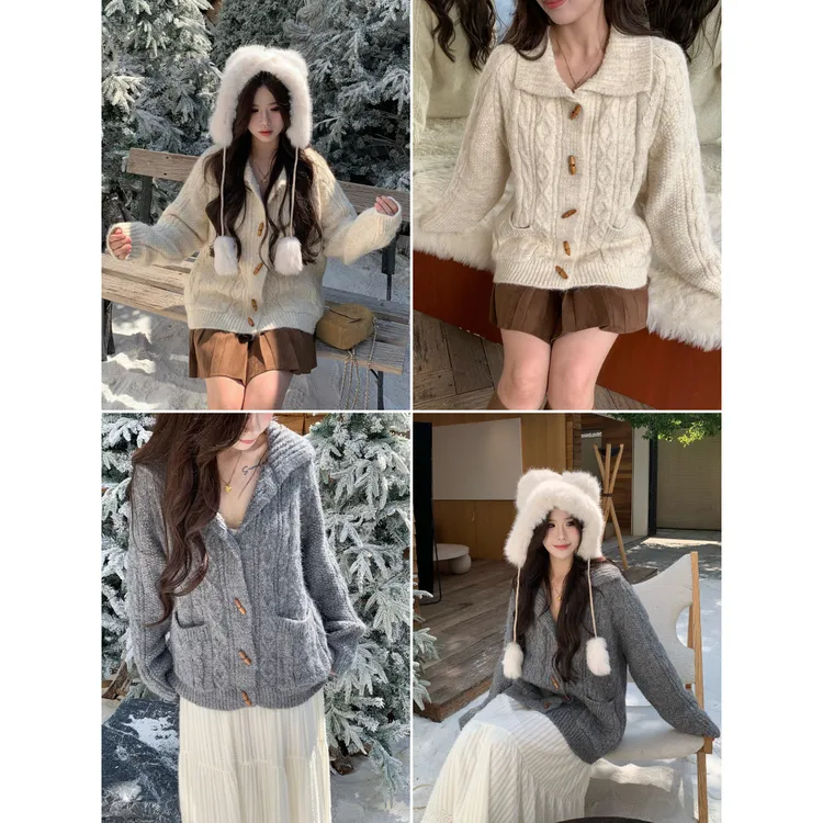 李潇洒【冬天来啦！】微胖大码秋冬慵懒风翻领牛角扣麻花纹宽松毛衣