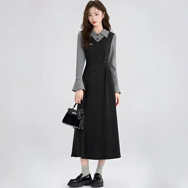 2025秋冬季新款韩系高级感显瘦收腰气质长裙撞色拼接设计感连衣裙