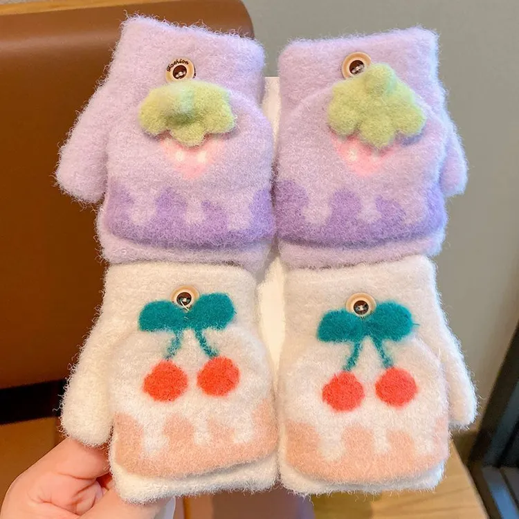 儿童可爱草莓翻盖写字手套冬季半指冬女童男童保暖宝宝分指五指M