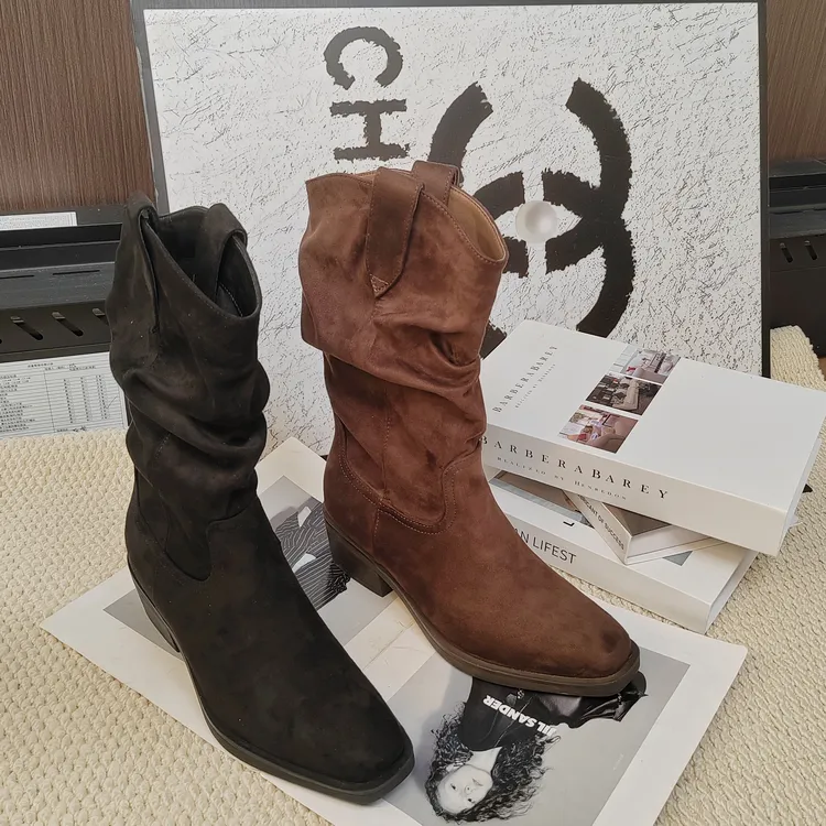 【闪SHINE专属】中筒褶皱靴女靴套筒粗跟女鞋马丁靴秋季时装0810