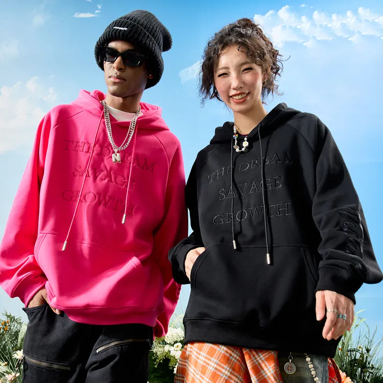 美式复古字母刺绣连帽秋季卫衣加绒玫红色外套男女2025秋新款