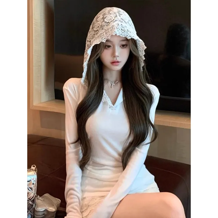 白色内搭纯欲性感蕾丝连帽衫T恤女士秋季辣妹设计感打底长袖上衣