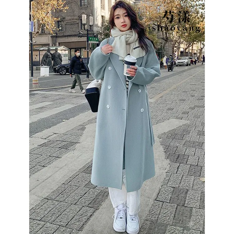 时尚新款蓝色大衣女2025年秋冬新款韩版宽松中长款过膝毛呢外套女