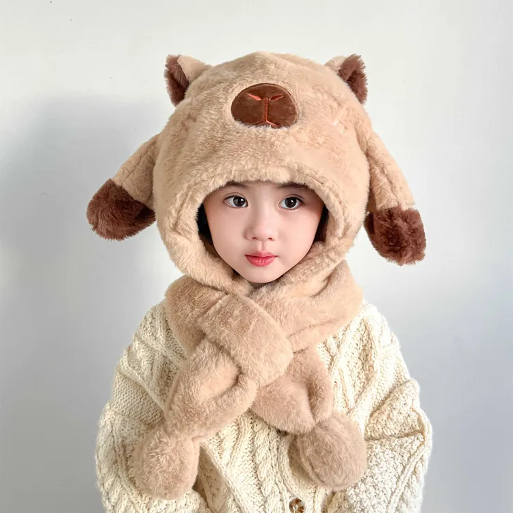 卡皮巴拉耳朵会动的儿童帽子围巾一体冬季男童毛绒帽女孩护耳帽子