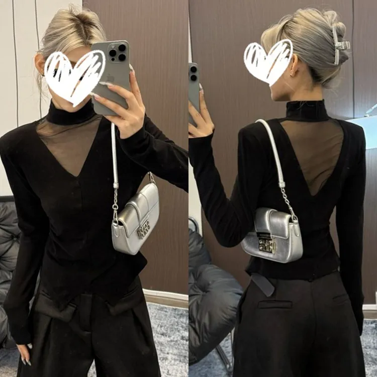 2025秋冬新款小众网纱拼接半高领长袖磨毛T恤气质显瘦打底上衣女