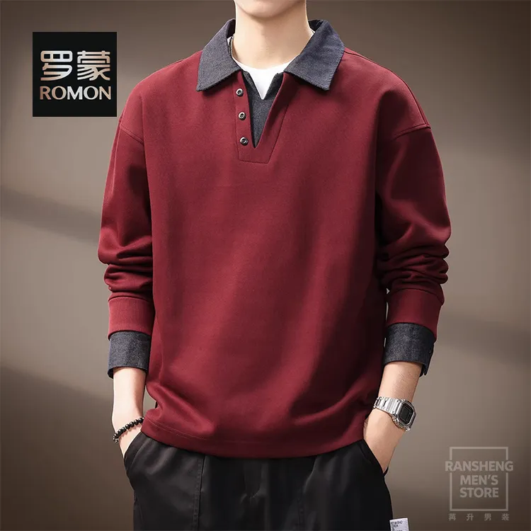 罗蒙秋冬加绒美式复古假两件撞色拼接重磅牛仔Polo衫男翻领卫衣男