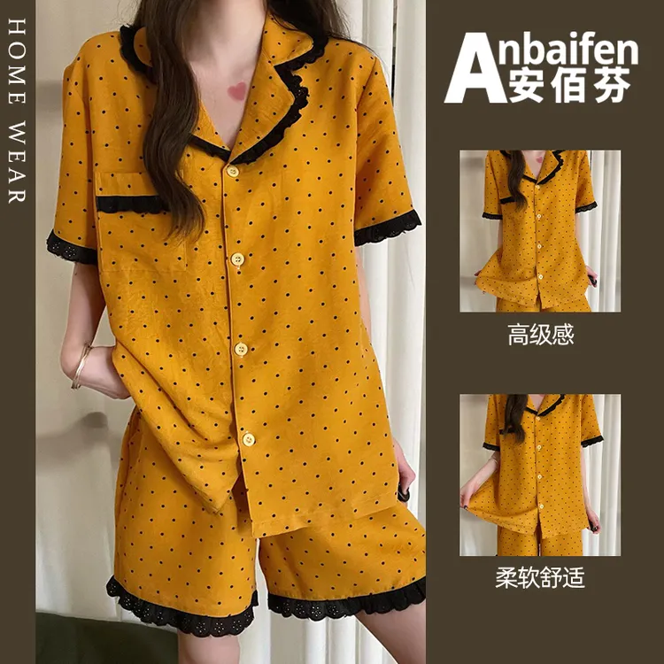 波点睡衣女夏季短袖短裤甜美韩系少女开衫蕾丝边翻领家居服可外穿