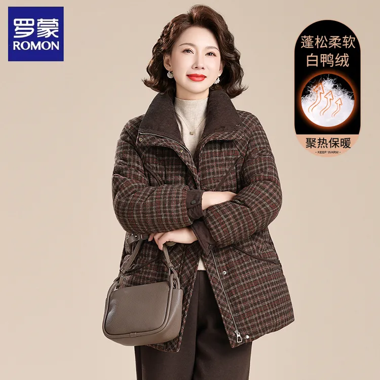 罗蒙妈妈羽绒服冬季大码格子外套中长款中老年女秋冬洋气保暖上衣